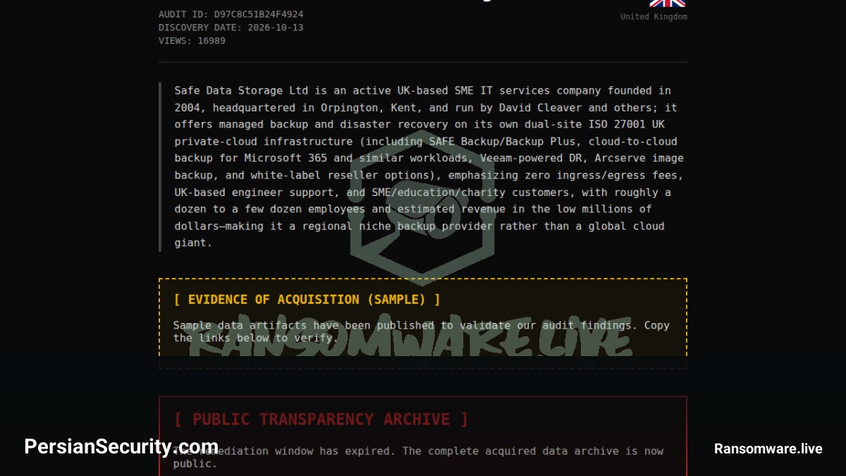 ادعای گروه Auditteam مبنی بر حمله به شرکت Safe Data Storage