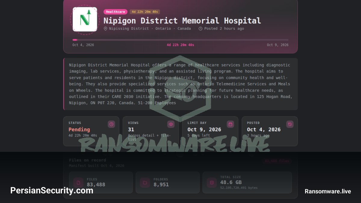 هدف قرار گرفتن بیمارستان Nipigon District Memorial توسط گروه باج‌افزاری Storm